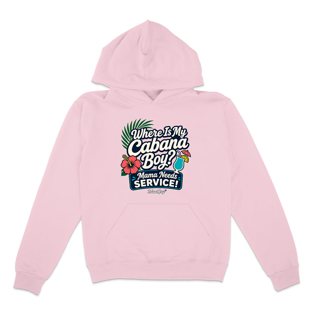 Pink hoodie with text and graphics on a white background