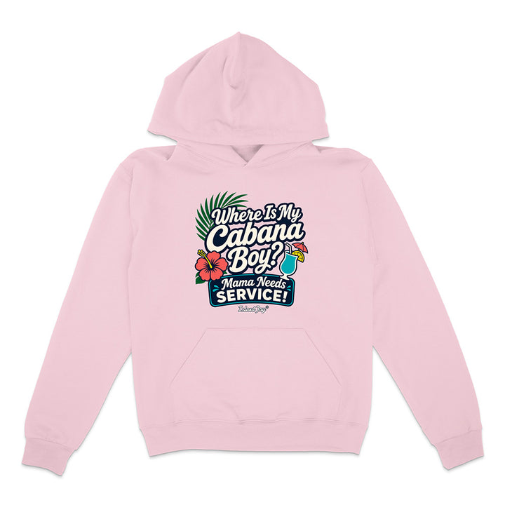 Pink hoodie with text and graphics on a white background