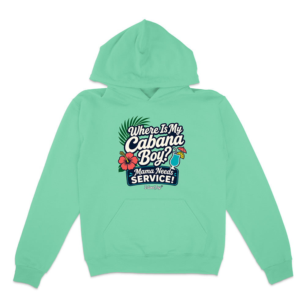 Mint green hoodie with text and graphics on a white background