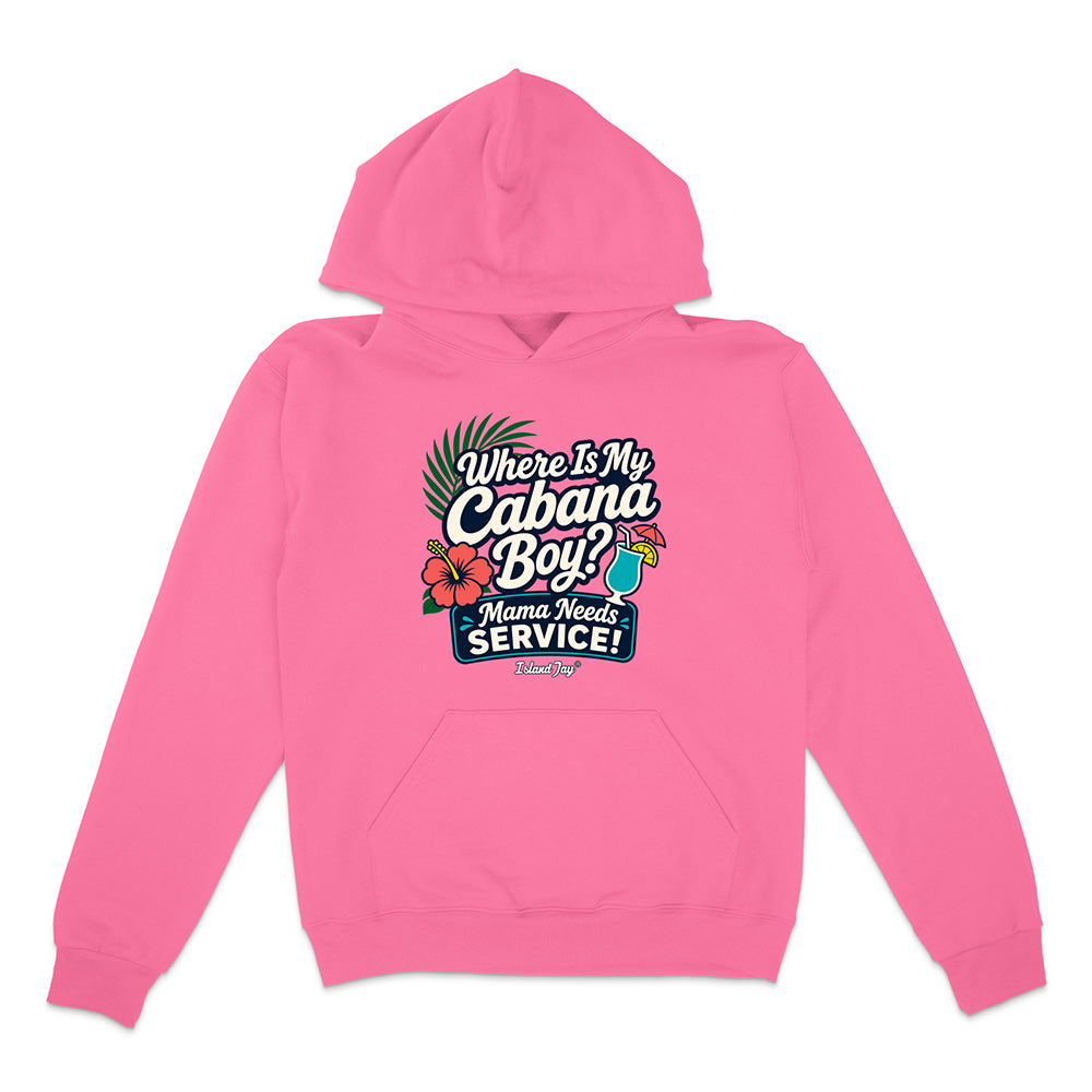 Pink hoodie with text and graphics on a white background