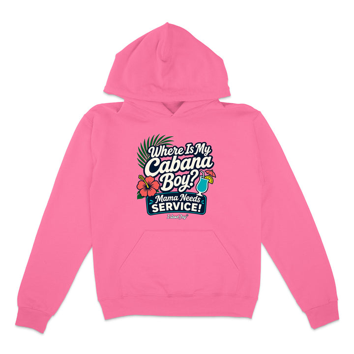 Pink hoodie with text and graphics on a white background