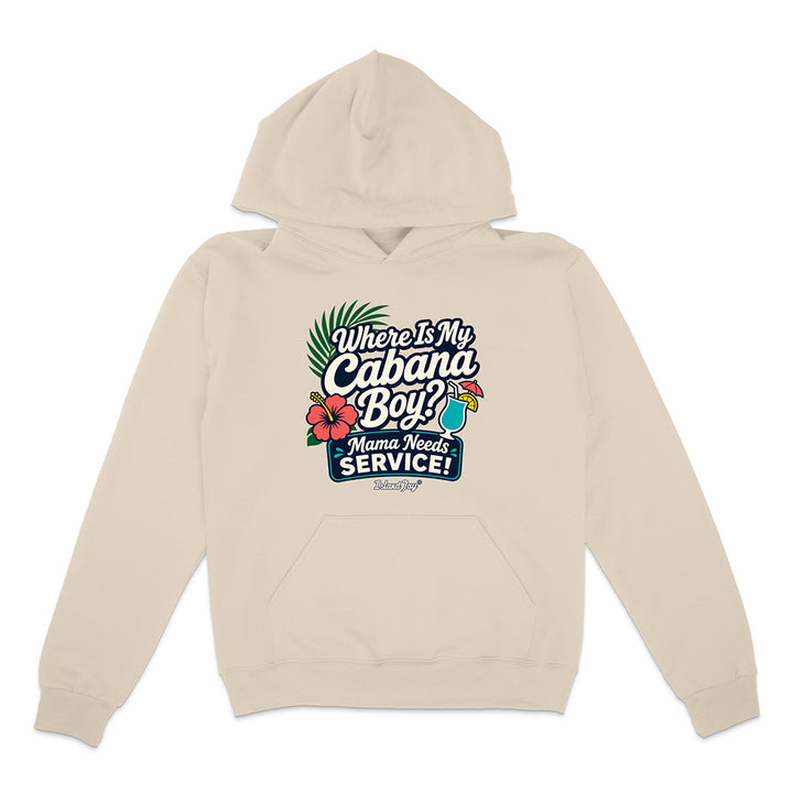 Beige hoodie with a colorful graphic and text on a white background