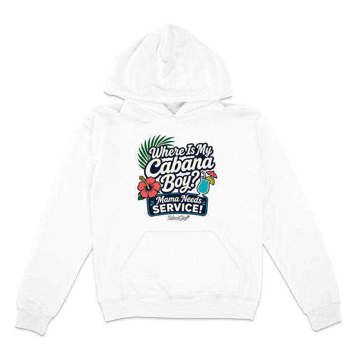 White hoodie with colorful graphic and text on a white background