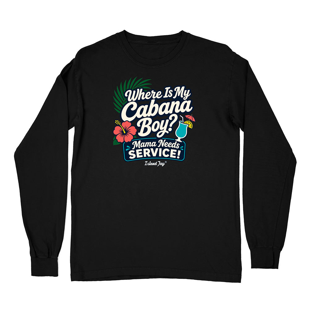 Black long-sleeve shirt with colorful graphic and text on a white background