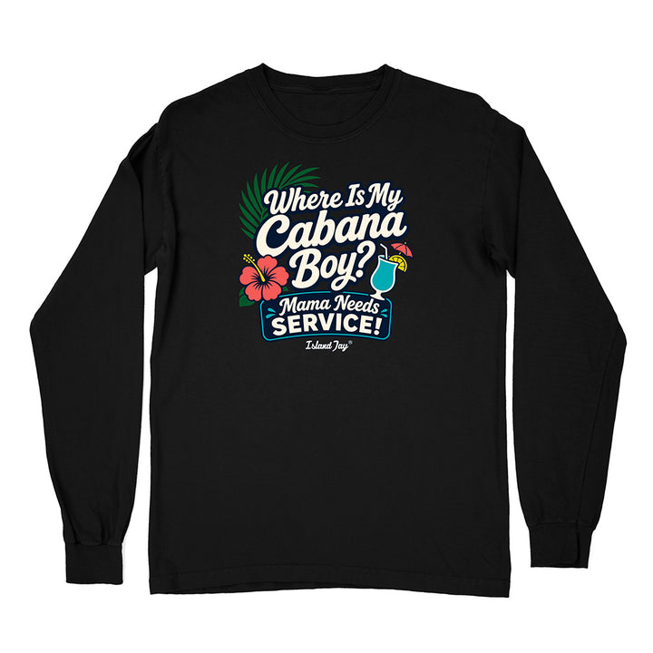 Black long-sleeve shirt with colorful graphic and text on a white background