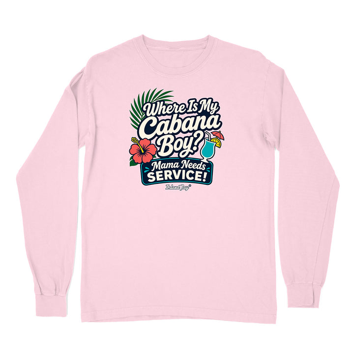 Pink long-sleeve shirt with a tropical graphic and text on a white background