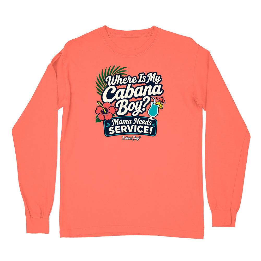 Coral long-sleeve shirt with graphic design and text on a white background