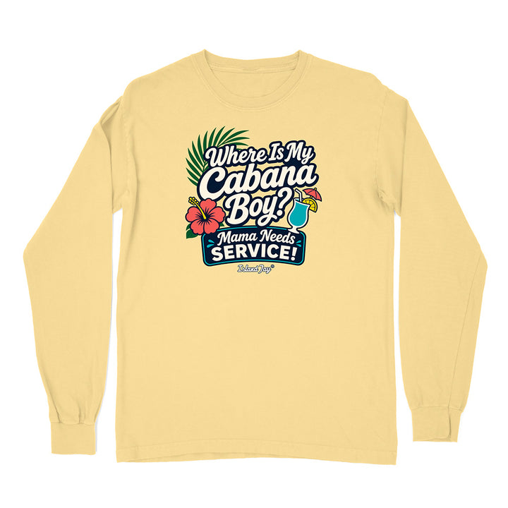 Yellow long-sleeve shirt with a graphic design on a white background