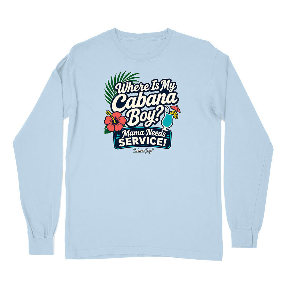 Light blue long-sleeve shirt with a tropical graphic and text on a white background