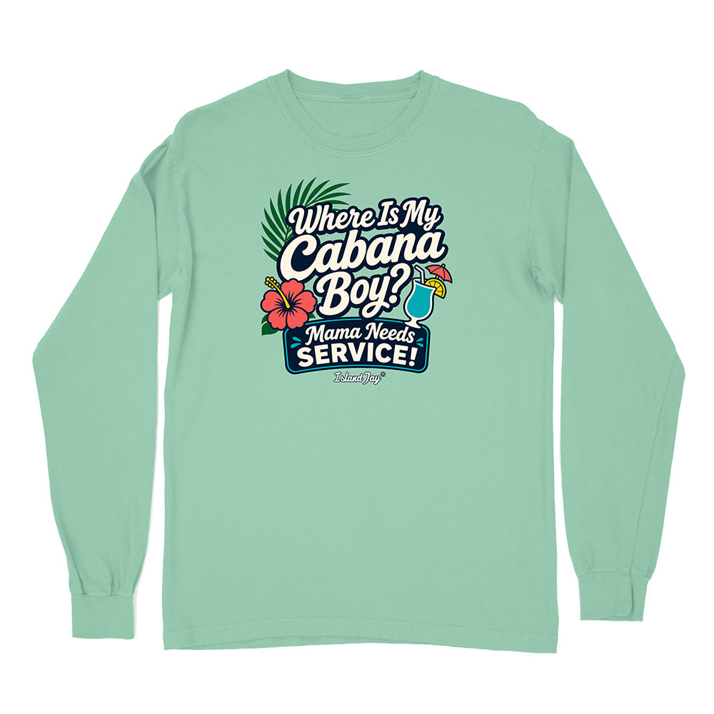 Mint green long-sleeve shirt with a humorous graphic and text on a white background