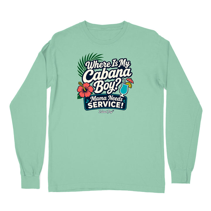 Mint green long-sleeve shirt with a humorous graphic and text on a white background