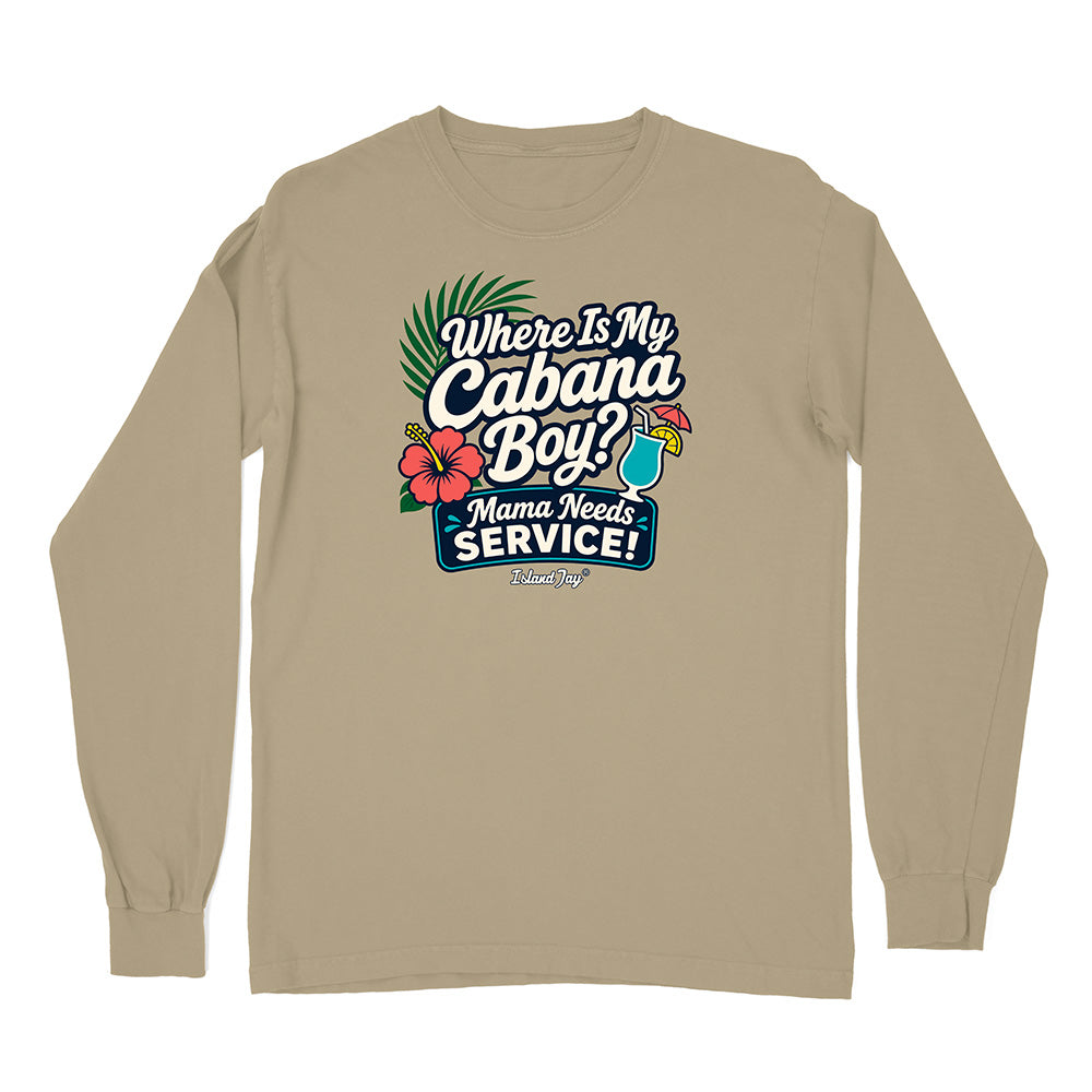 Beige long-sleeve shirt with a humorous graphic and text on a white background