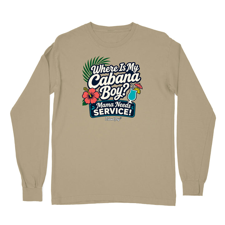 Beige long-sleeve shirt with a humorous graphic and text on a white background