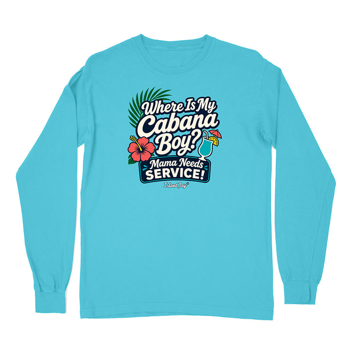 Blue long-sleeve shirt with 'Where Is My Cabana Boy?' text and graphics on a white background