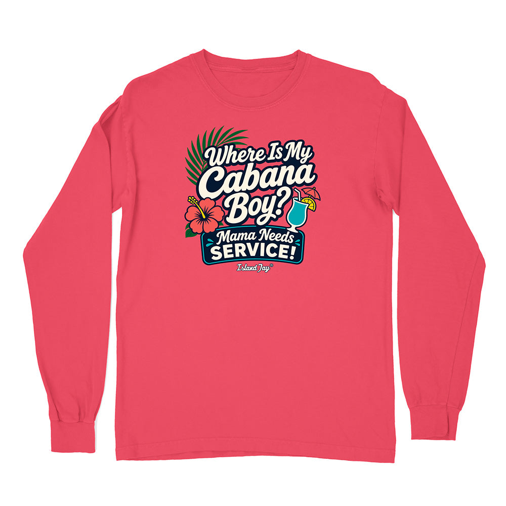 Red long-sleeve shirt with a humorous graphic and text on a white background