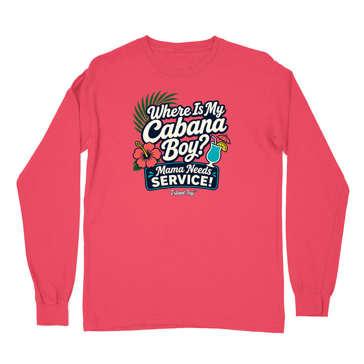 Red long-sleeve shirt with a humorous graphic and text on a white background