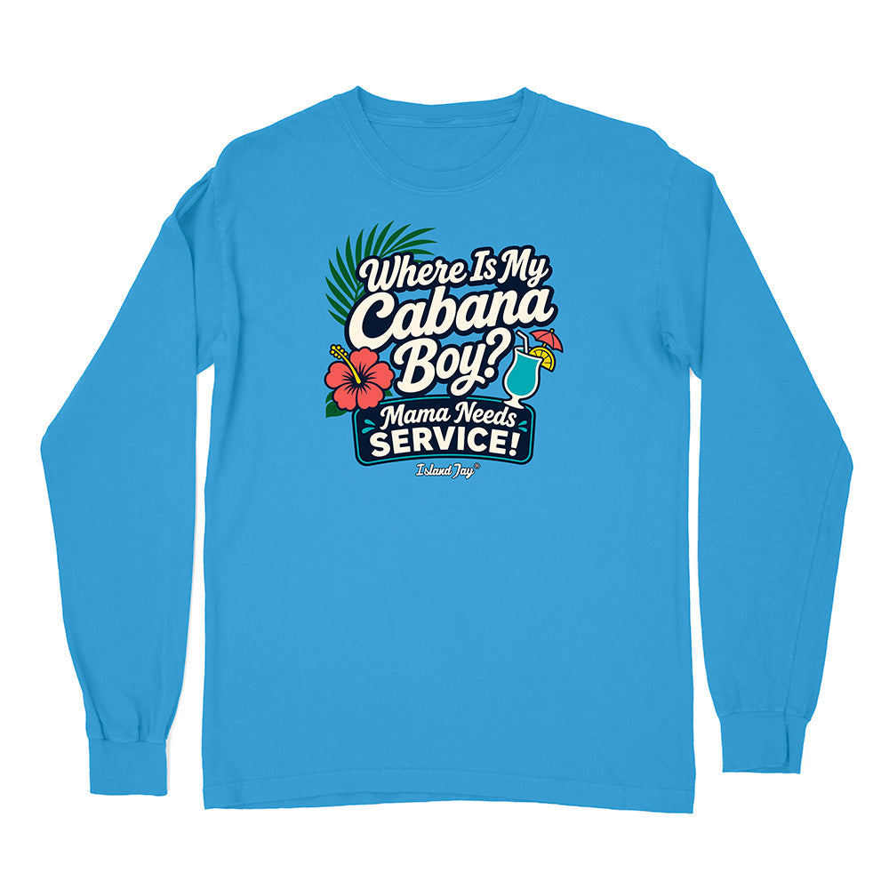 Blue long-sleeve shirt with a humorous graphic and text on a white background