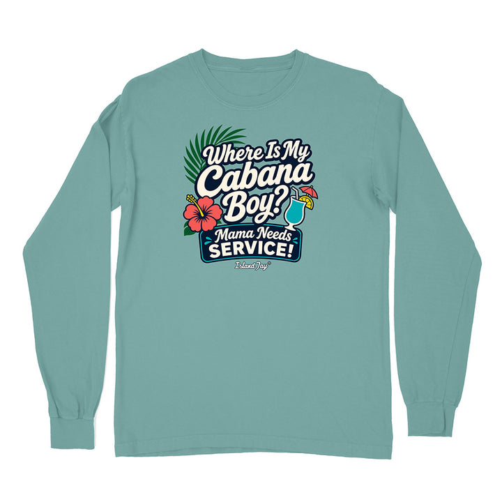 Teal long-sleeve shirt with a humorous graphic and text on a white background