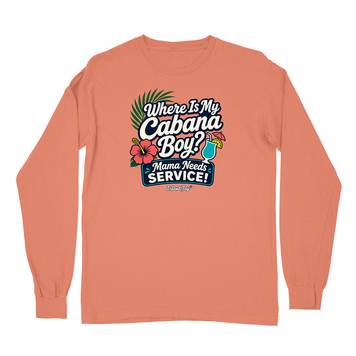 Peach long-sleeve shirt with a humorous graphic and text on a white background