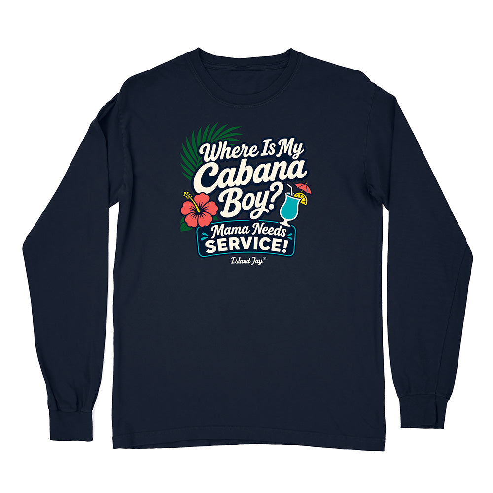 Navy blue long-sleeve shirt with tropical-themed graphic and text on a white background