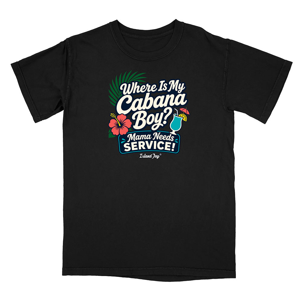 Black t-shirt with colorful graphic and text on a white background
