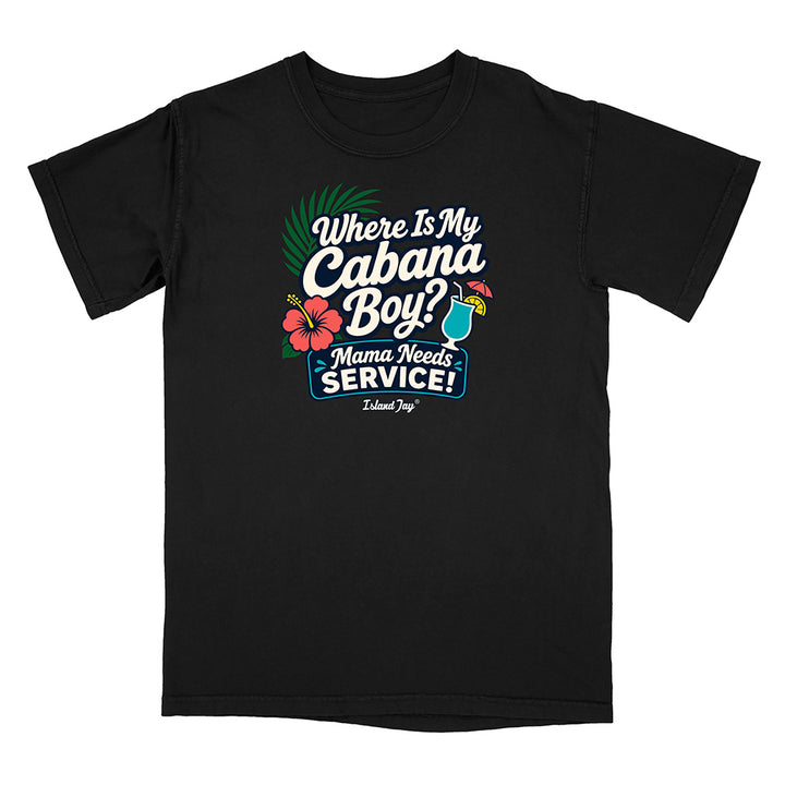 Black t-shirt with colorful graphic and text on a white background