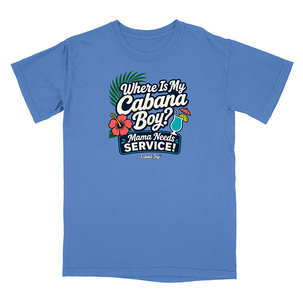 Blue t-shirt with a colorful graphic and text on a white background