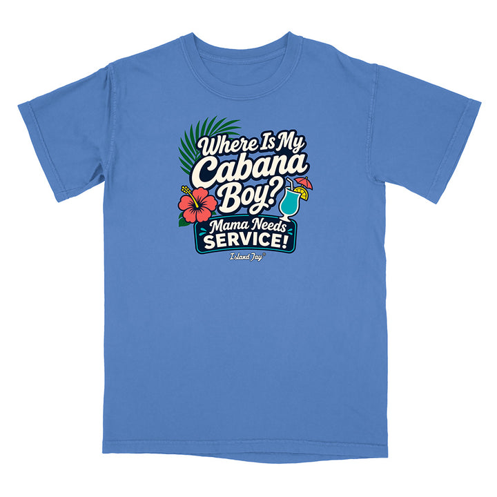 Blue t-shirt with a colorful graphic and text on a white background