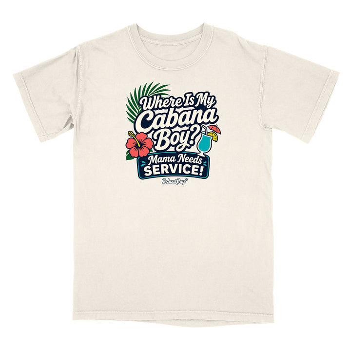 Beige t-shirt with colorful graphic and text on a white background