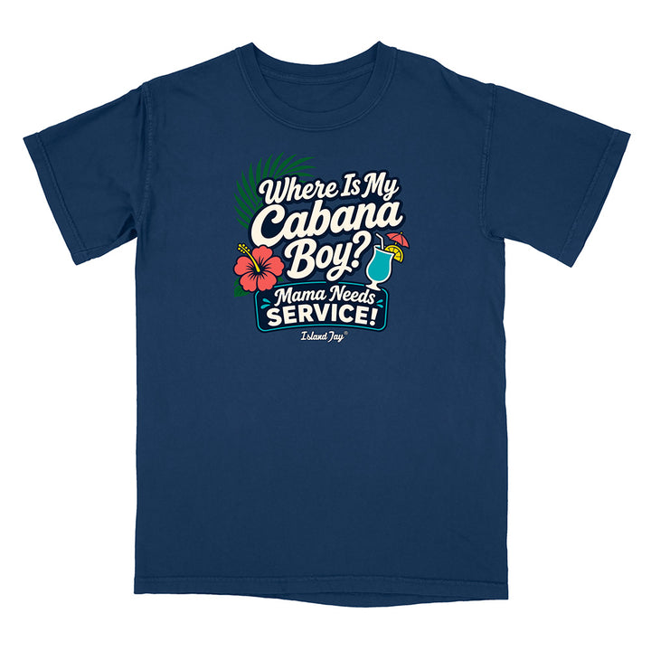 Navy blue t-shirt with colorful graphic and text on a white background