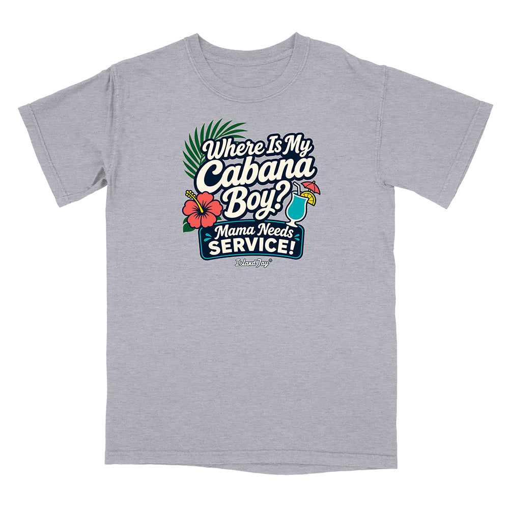 Gray t-shirt with colorful graphic and text on a white background