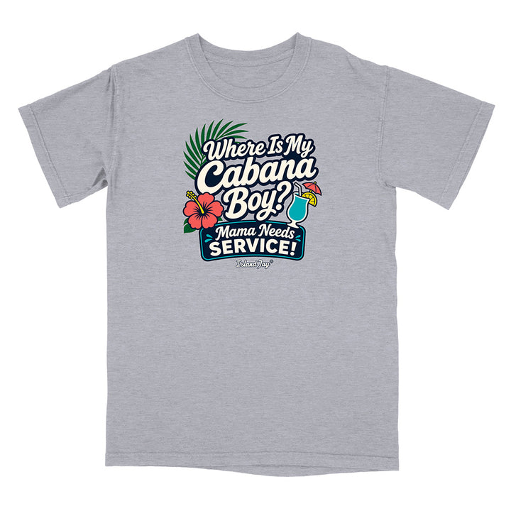Gray t-shirt with colorful graphic and text on a white background