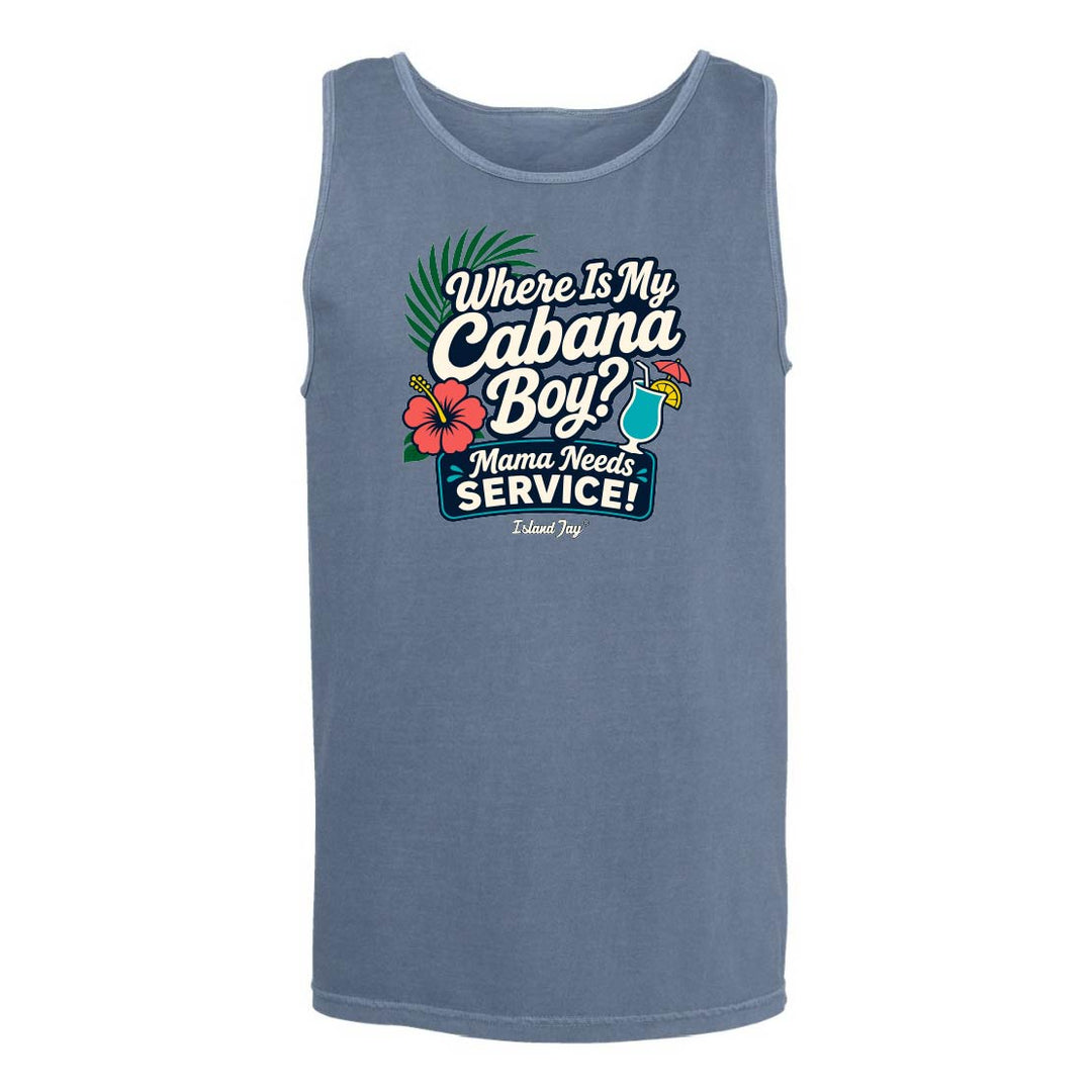 Blue tank top with a humorous graphic and text on a white background
