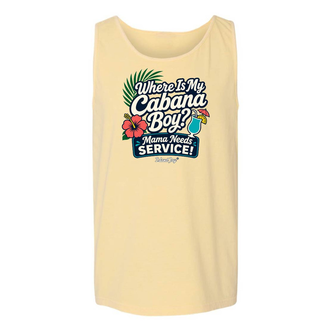 Beige tank top with a colorful graphic and text on a white background