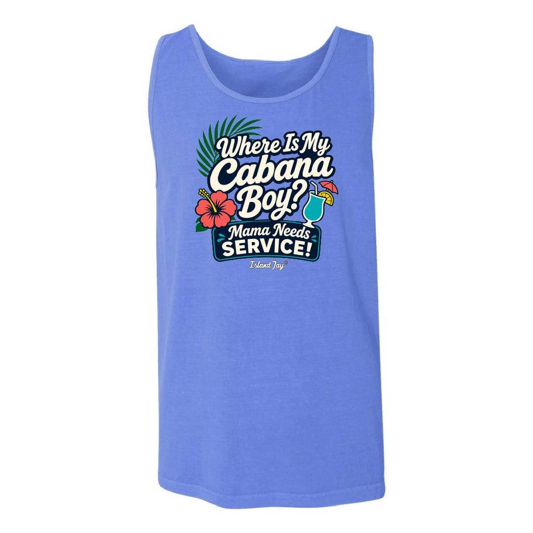 Blue tank top with a humorous graphic and text on a white background