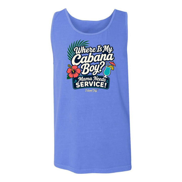 Blue tank top with a humorous graphic and text on a white background