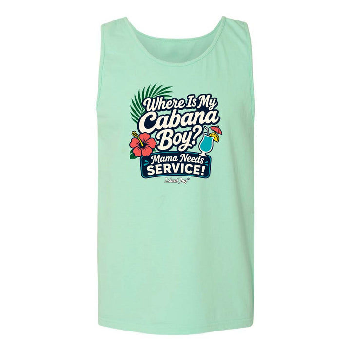 Mint green tank top with humorous graphic design on a white background