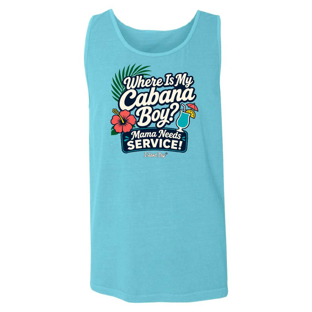 Light blue tank top with 'Where is my Cabana Boy? Mama Needs Service!' text and graphics on a white background