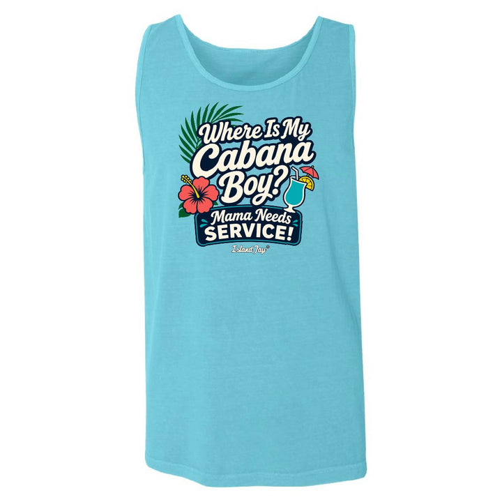 Light blue tank top with 'Where is my Cabana Boy? Mama Needs Service!' text and graphics on a white background