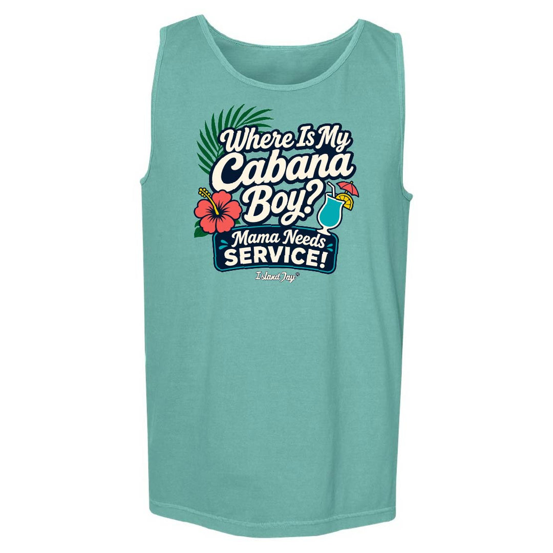 Teal tank top with humorous graphic design on a white background