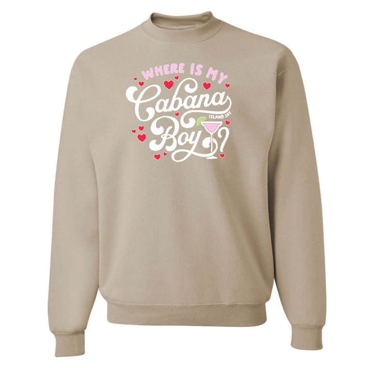 Beige sweatshirt with pink and white text and graphics on a white background