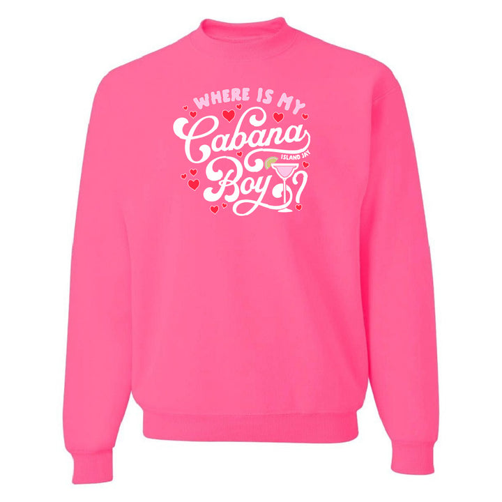 Pink sweatshirt with white text and graphics on a white background