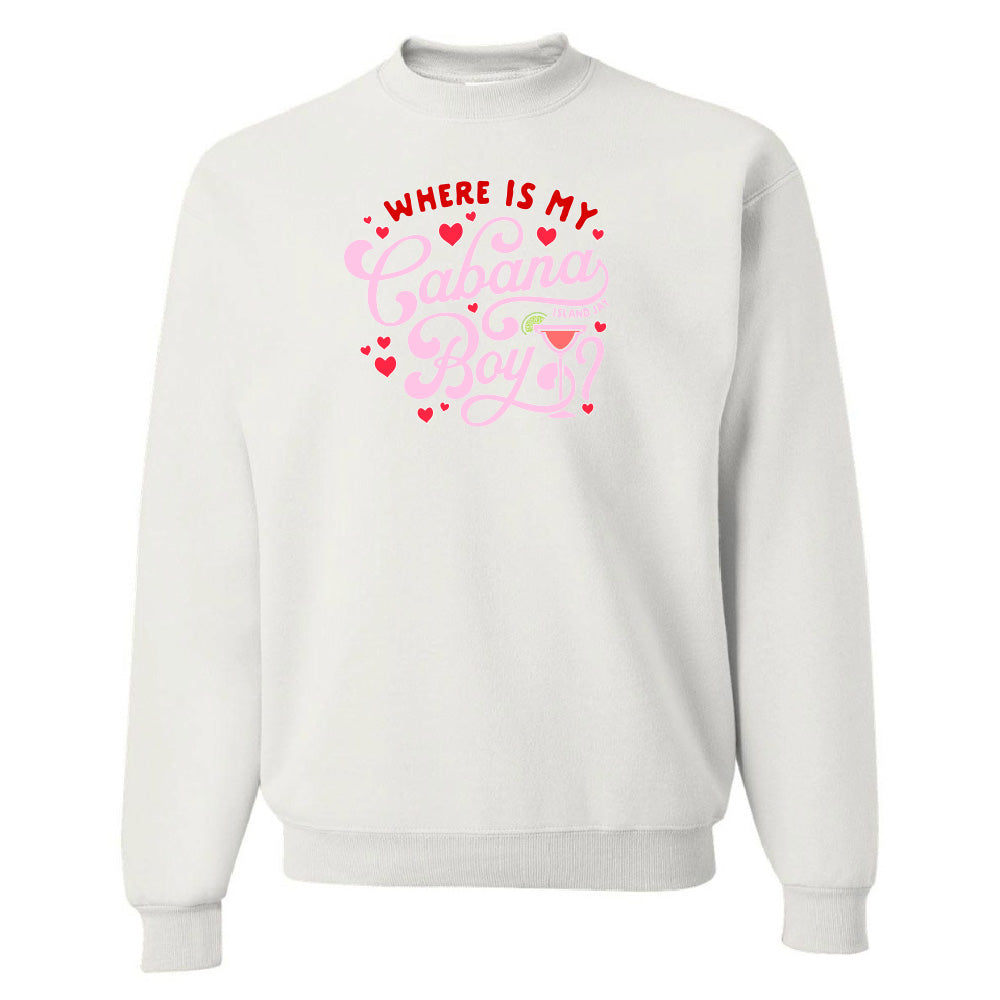 White sweatshirt with pink and red text and heart graphics on a white background