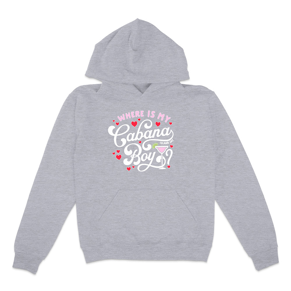 Gray hoodie with text and graphics on a white background