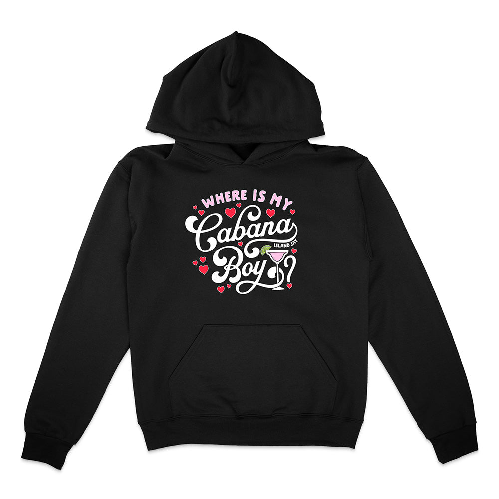 Black hoodie with text and graphics on a white background