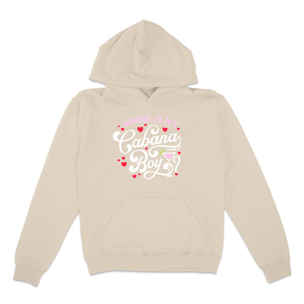 Beige hoodie with text and graphics on a white background