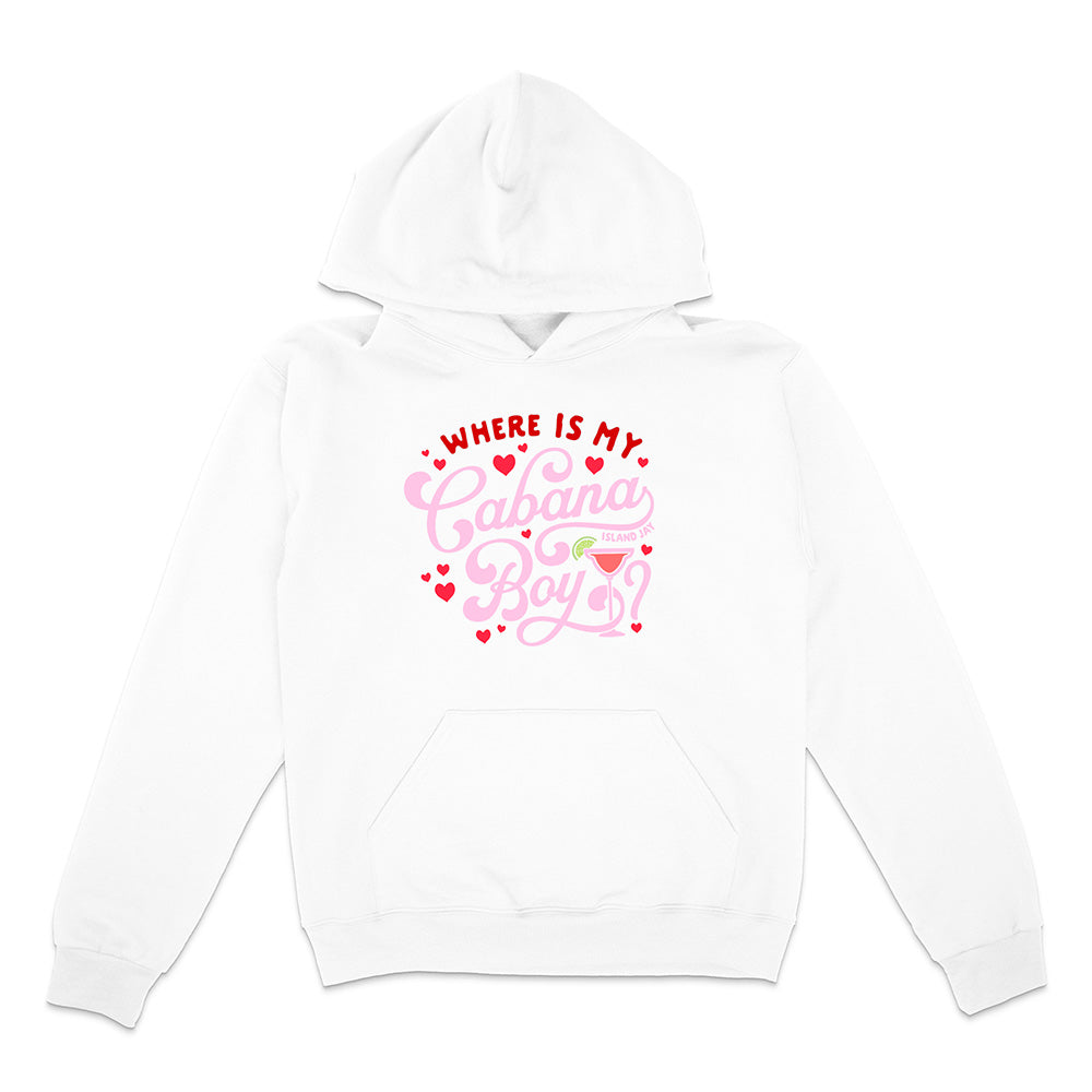 White hoodie with pink and red text on a white background