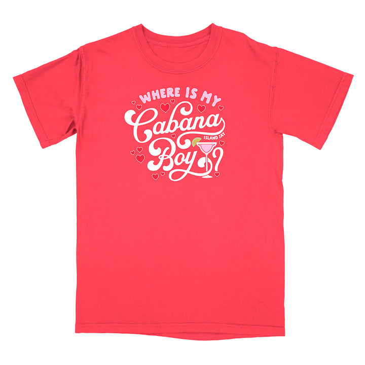 Red t-shirt with white text reading "Where Is my Cabana Boy" and graphics on a white background