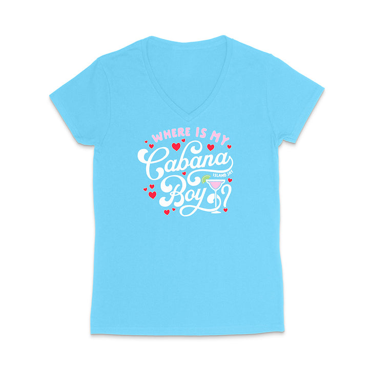 Light blue t-shirt with 'Where is my Cabana Boy' text and graphics on a white background