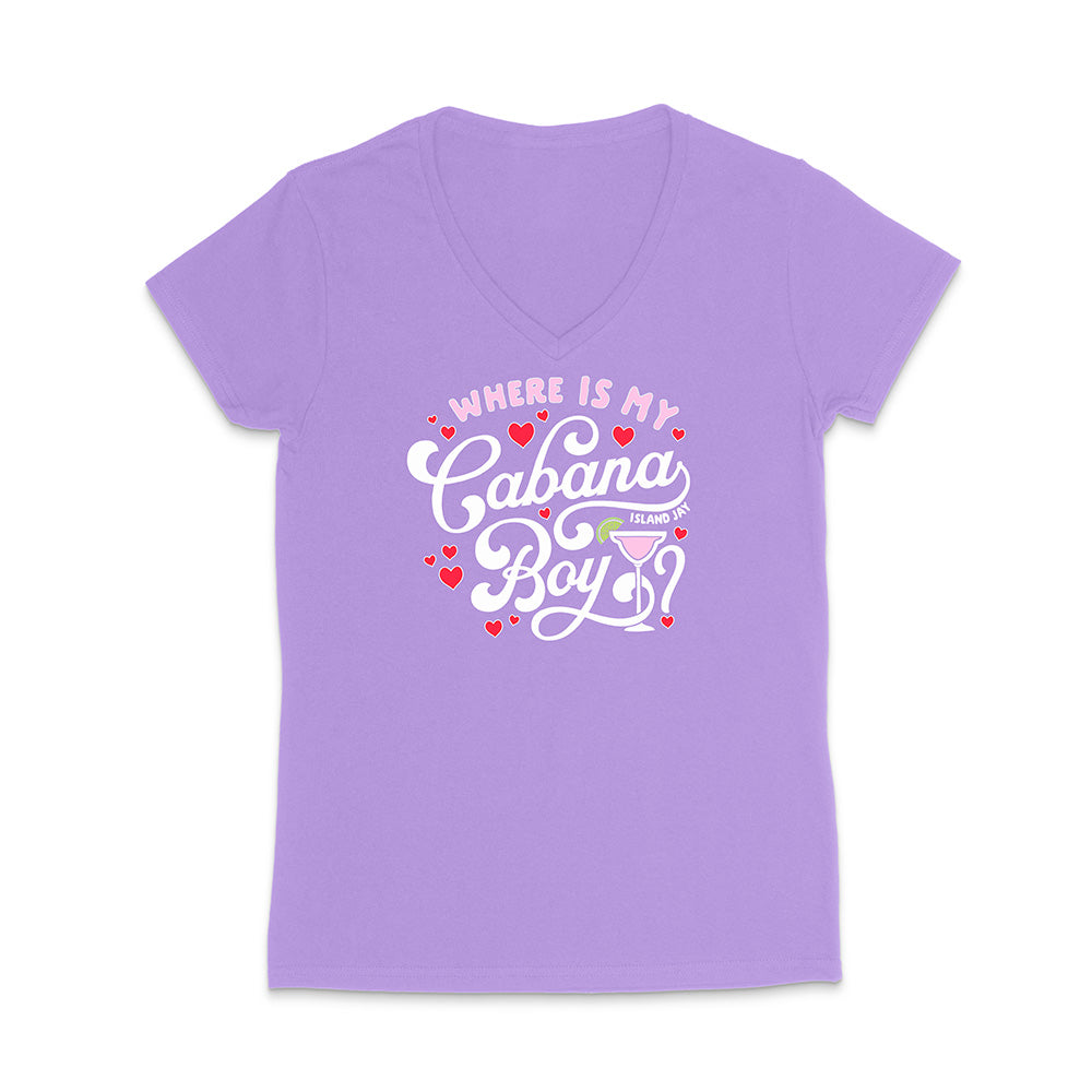 Purple t-shirt with 'Where is my Cabana Boy' text and graphics on a white background